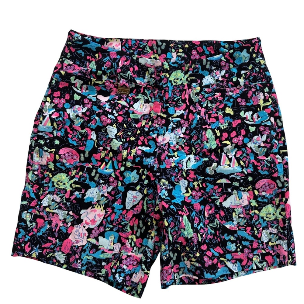 Lulu-B Novelty Print Shorts Wmn 8 Black Multi Sailboat Coastal Stretch Excellent - Picture 1 of 5